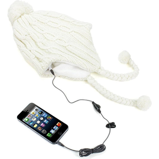 KitSound Audio Knit Bobble Cable Knit Beanie with Built-In Headphones - Cream