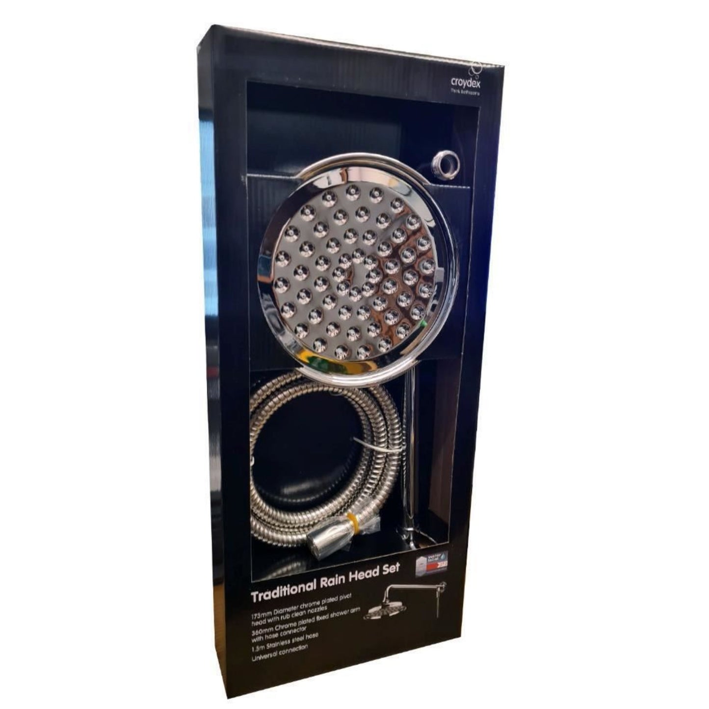 Croydex Traditional Rain Shower Head Arm & Hose 173mm Universal Connection