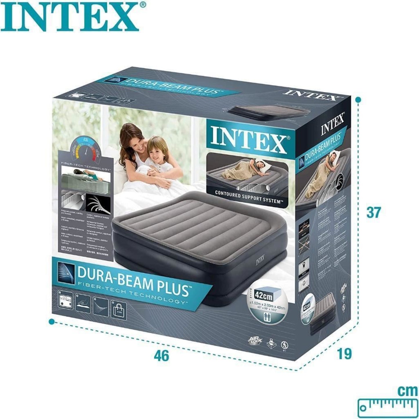 Intex Queen Deluxe Plus Pillow Rest Air Bed with Built in Pump 152 x 203 x 42 cm