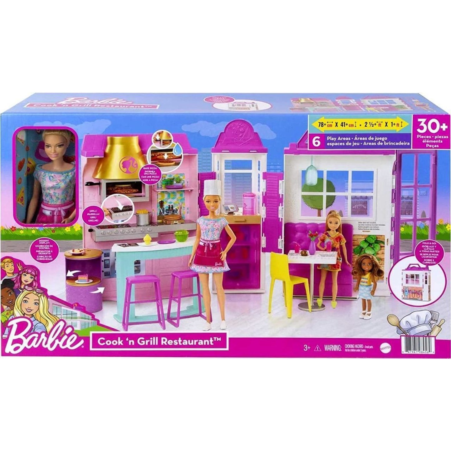 Barbie Cook n Grill Restaurant Playset and Barbie Doll 30 Pieces & 6 Play Areas