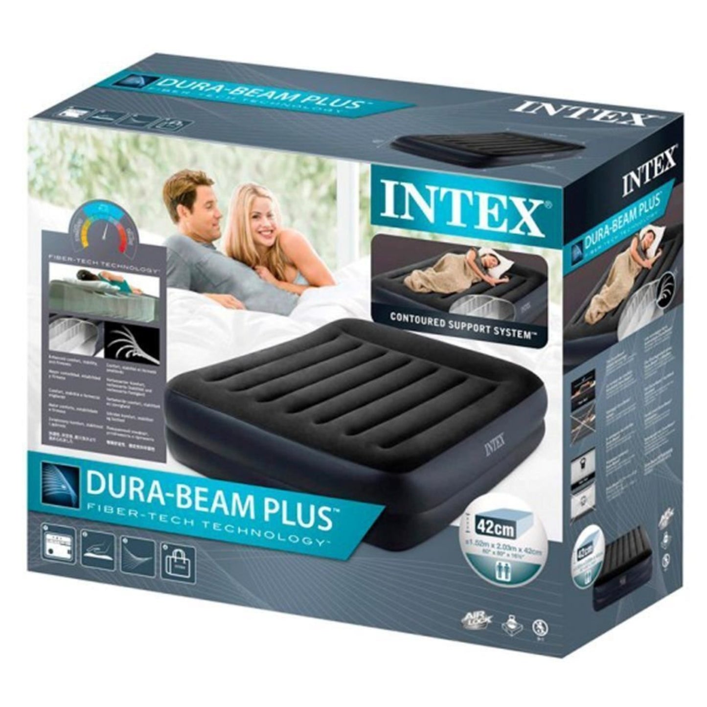 Intex Queen Deluxe Plus Pillow Rest Air Bed with Built in Pump 152 x 203 x 42 cm