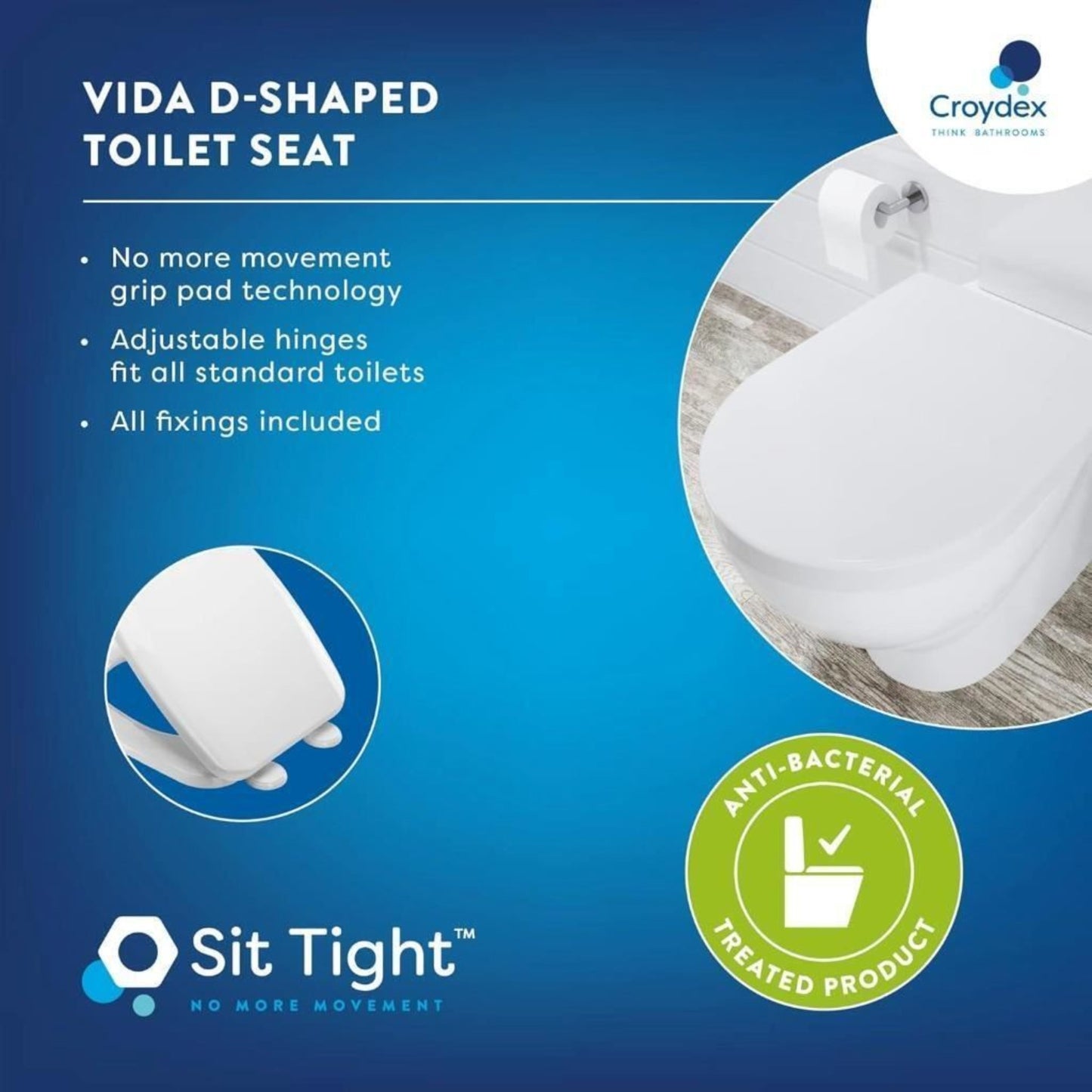 Croydex D Shape Sit Tight Vida Toilet Seat Anti-Bacterial White 46.5 x 36 x 5 cm