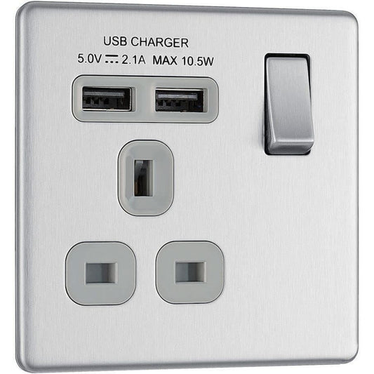 BG Electrical 2.1 A Masterplug Single Socket with 2 x USB Brushed Steel FBS21U2G