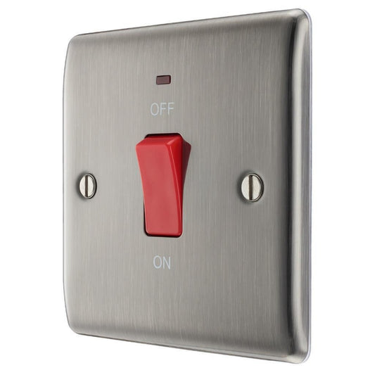 BG Electrical Metal Brushed Iridium 45A Double Pole Cooker Switch with Neon