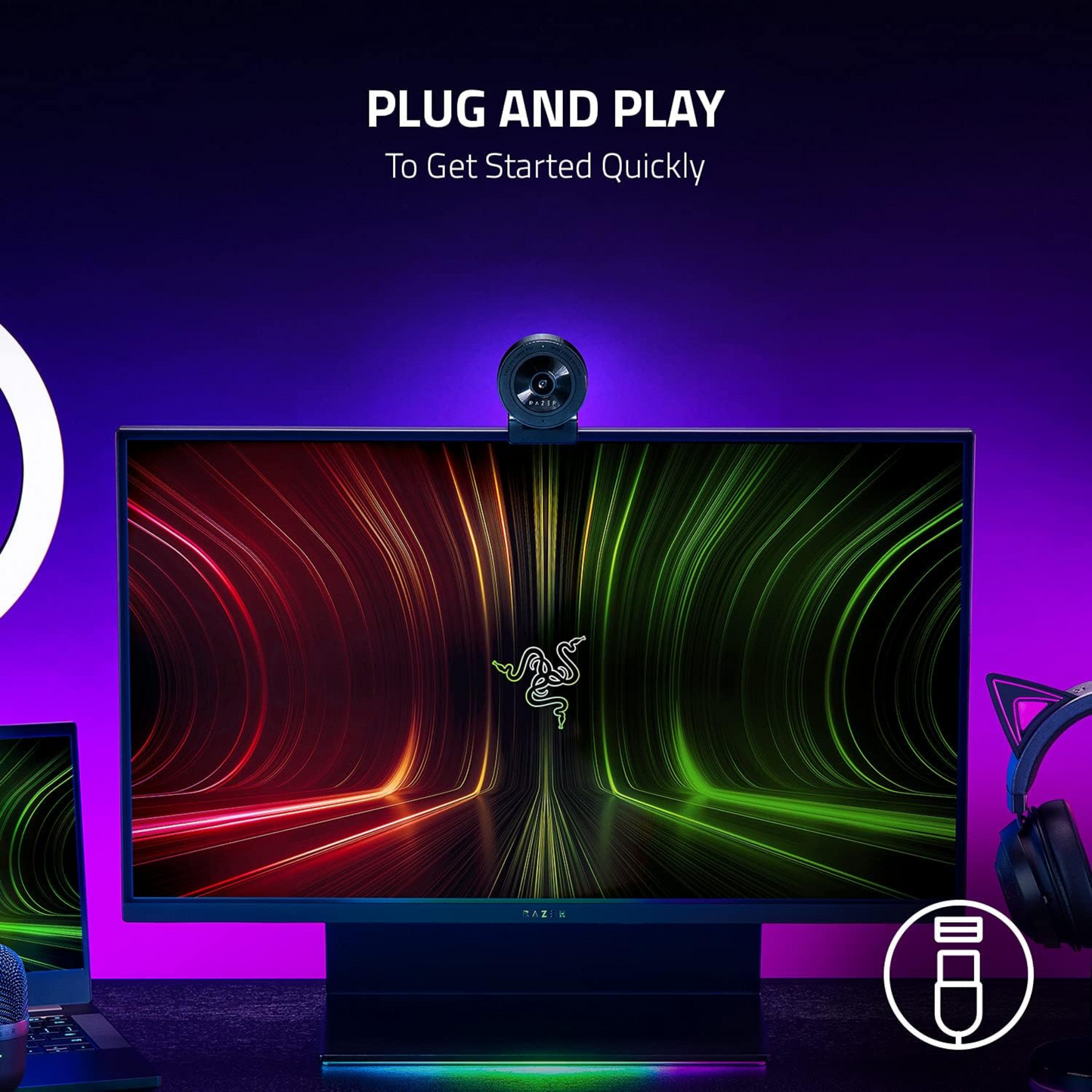 Razer Kiyo X Full HD Streaming Webcam 1080p 30 FPS or 720p 60 FPS Auto Focus