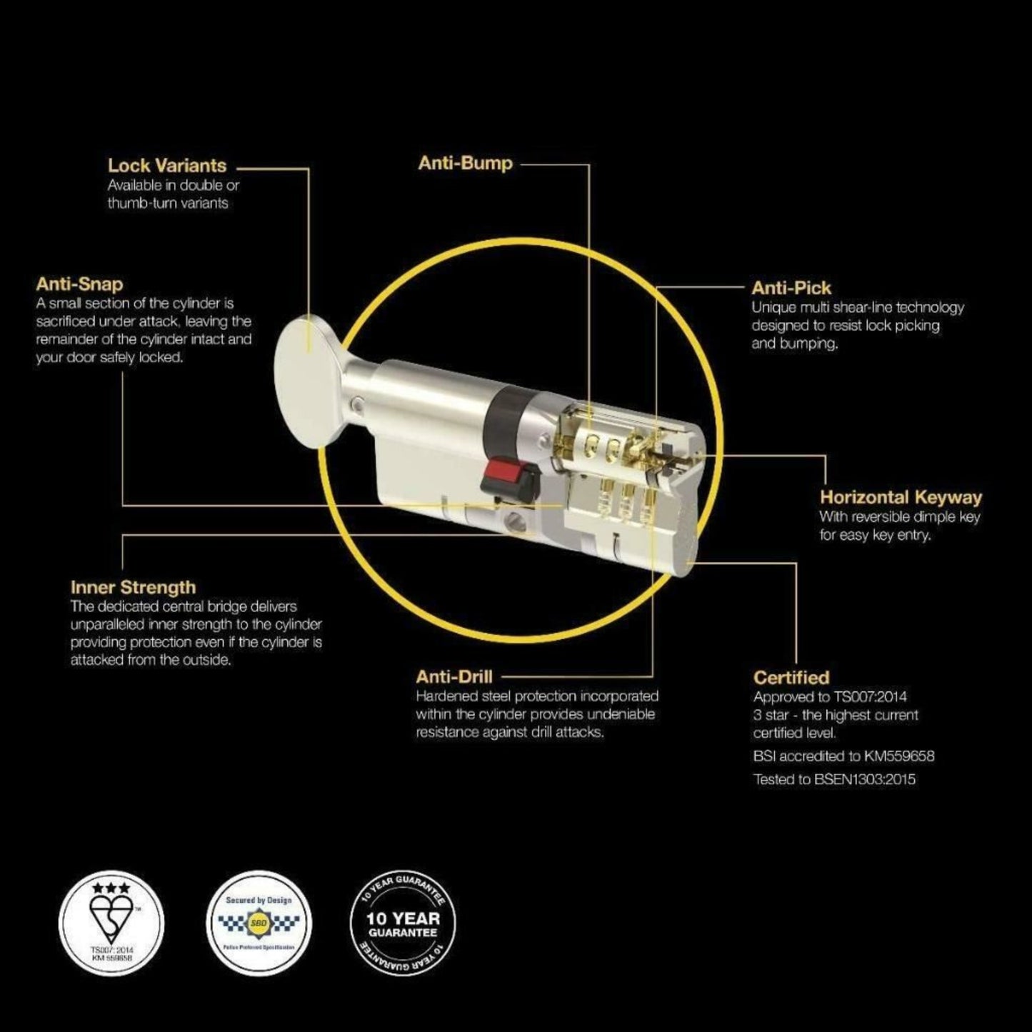 Yale Anti Snap 3 Star Double Cylinder High Security 60:40 100mm Brass B-YS3-6040