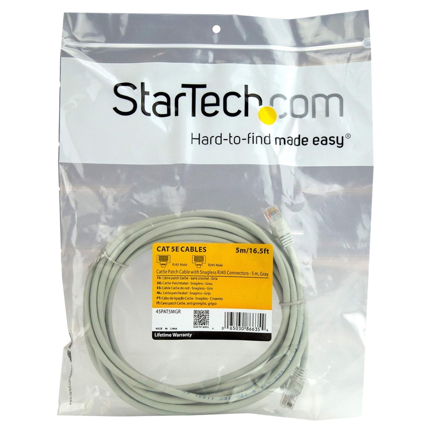 StarTech.com 5m CAT5e UTP RJ45 Ethernet Patch Cable Grey 45PAT5MGR