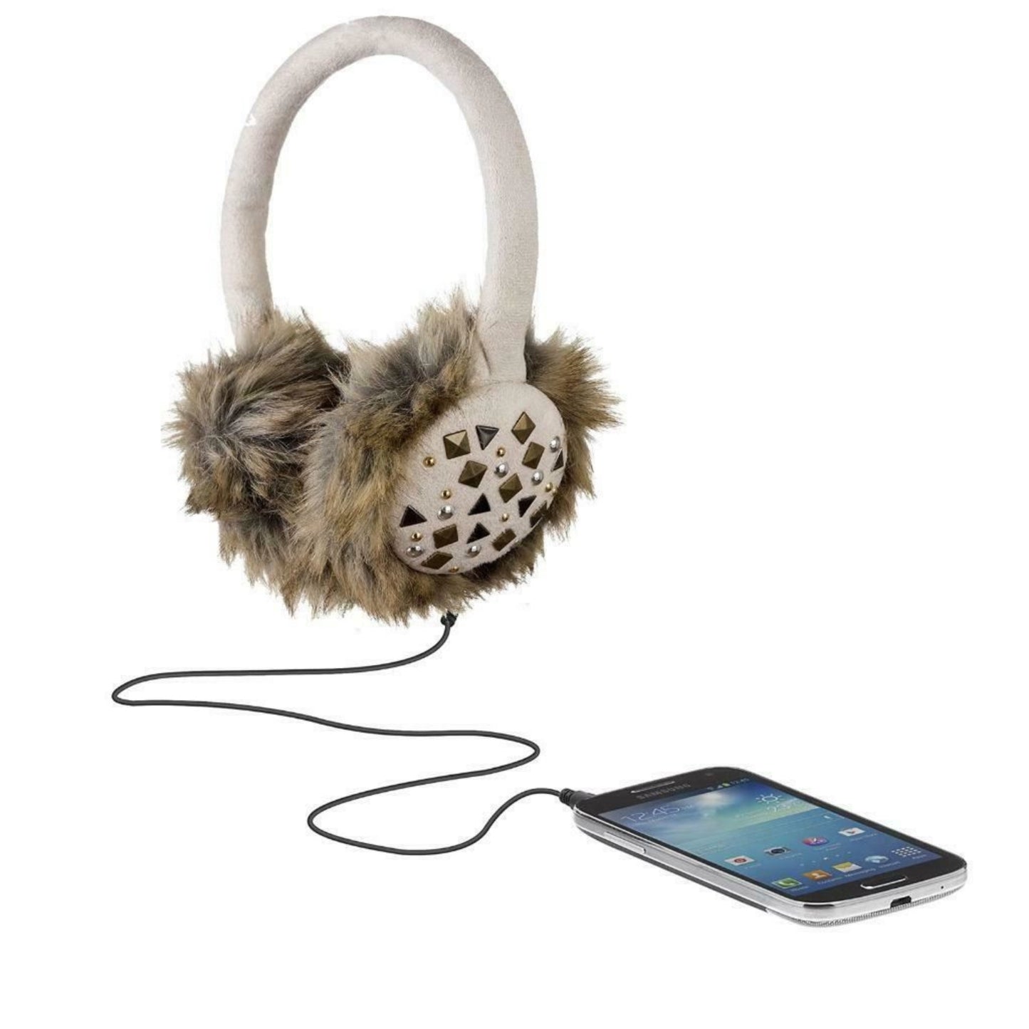 KitSound Audio On-Ear Earmuffs with Built In Headphones Faux Fur Studded