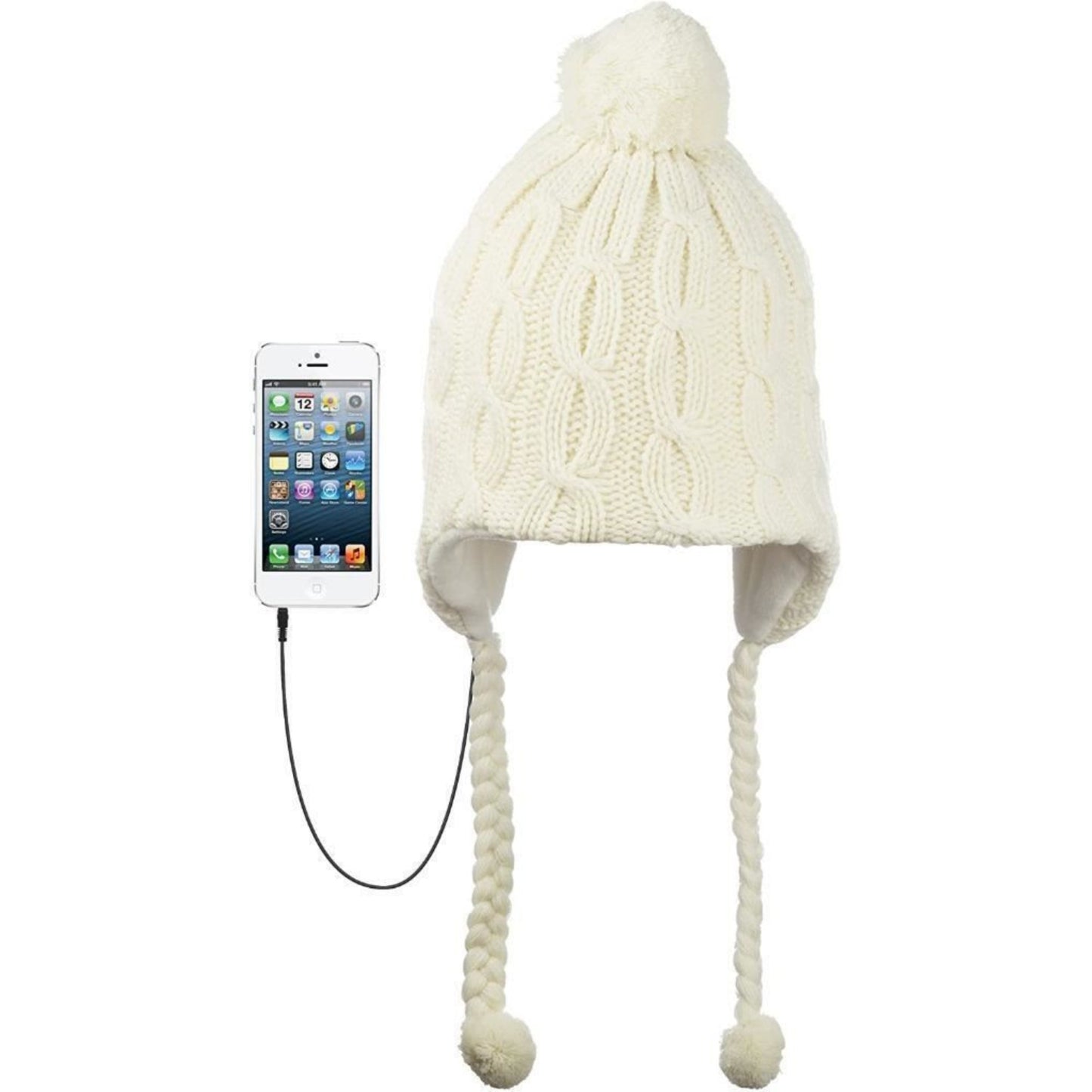 KitSound Audio Knit Bobble Cable Knit Beanie with Built-In Headphones - Cream
