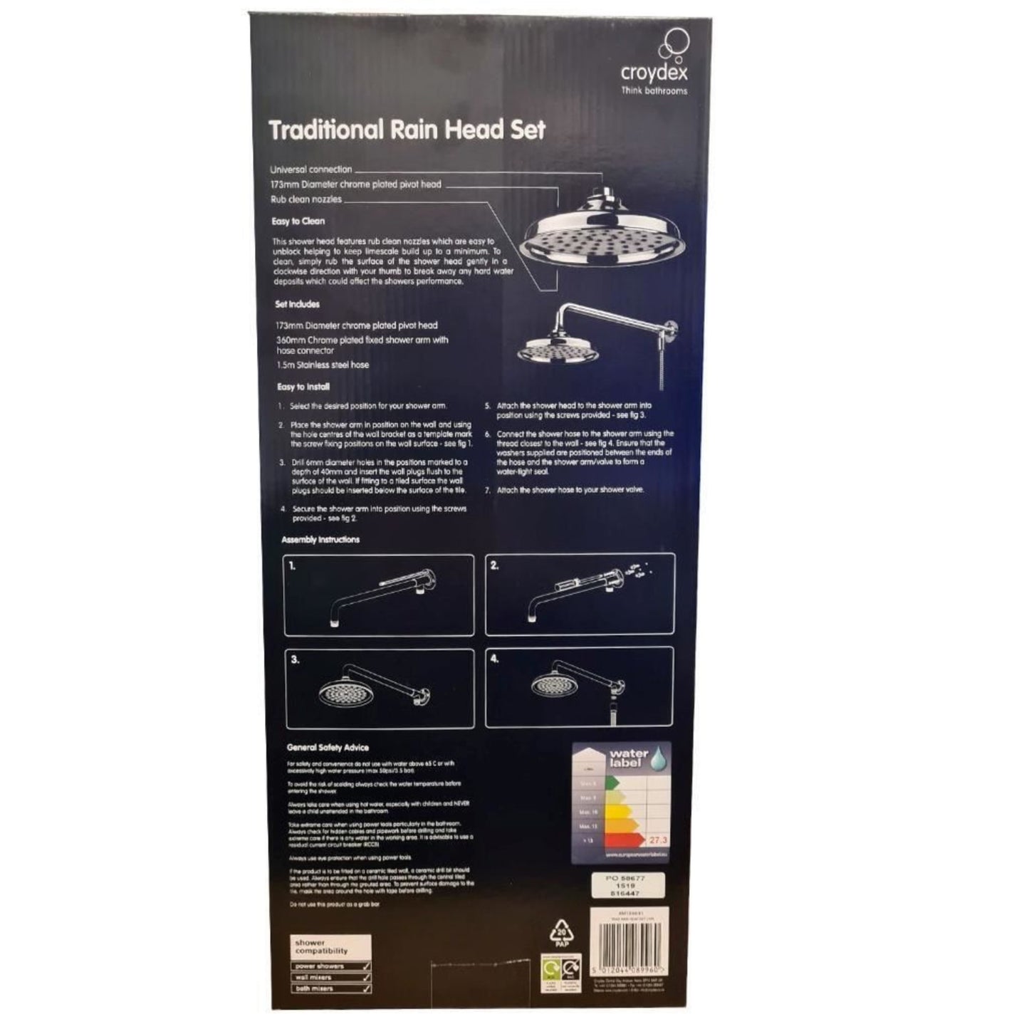 Croydex Traditional Rain Shower Head Arm & Hose 173mm Universal Connection