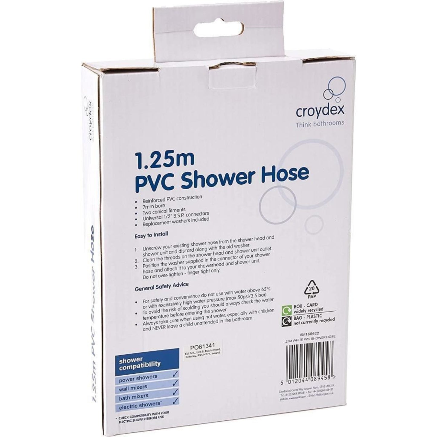 Croydex PVC 1.25m White Reinforced Shower Hose Standard 7mm Bore AM168622