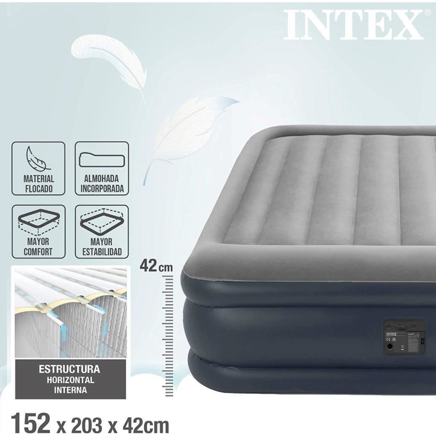Intex Queen Deluxe Plus Pillow Rest Air Bed with Built in Pump 152 x 203 x 42 cm