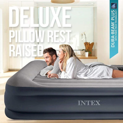 Intex Queen Deluxe Plus Pillow Rest Air Bed with Built in Pump 152 x 203 x 42 cm