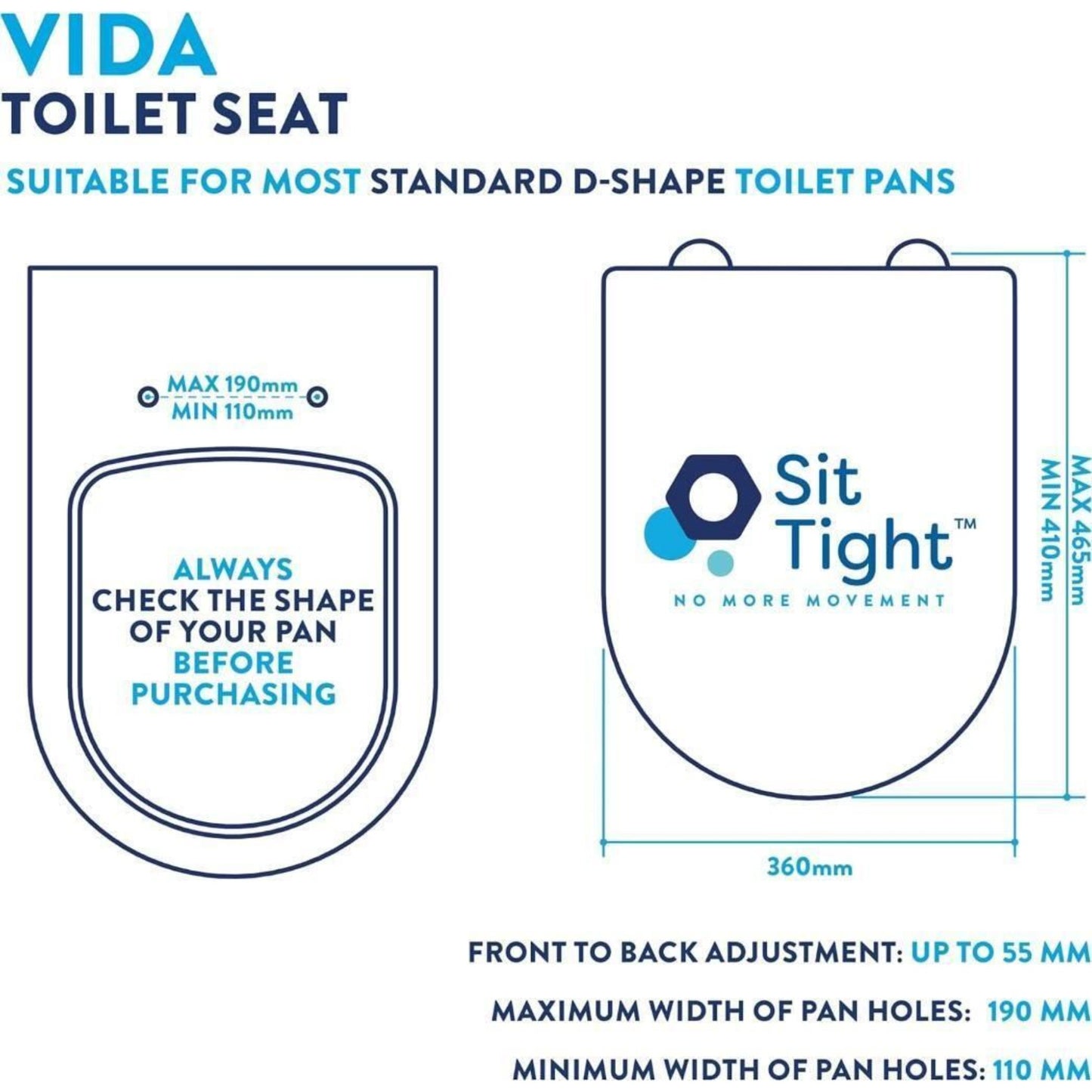 Croydex D Shape Sit Tight Vida Toilet Seat Anti-Bacterial White 46.5 x 36 x 5 cm