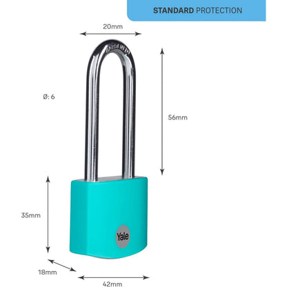Yale Standard Security 38mm Aluminium Padlock with Long Shackle Teal 3 Keys