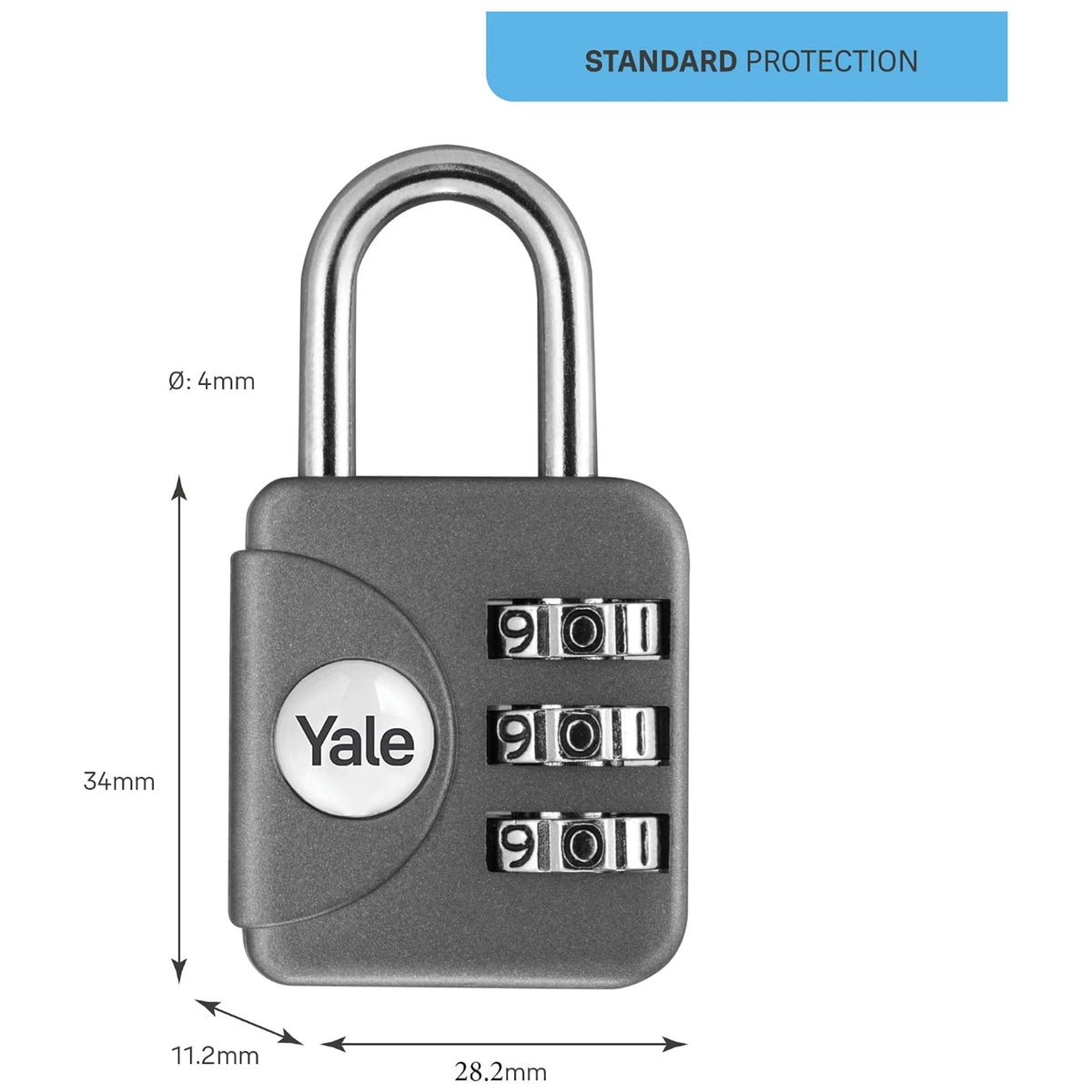 Yale 3 Digit Combination Standard Security Luggage Combination Padlock Grey