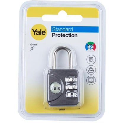 Yale 3 Digit Combination Standard Security Luggage Combination Padlock Grey
