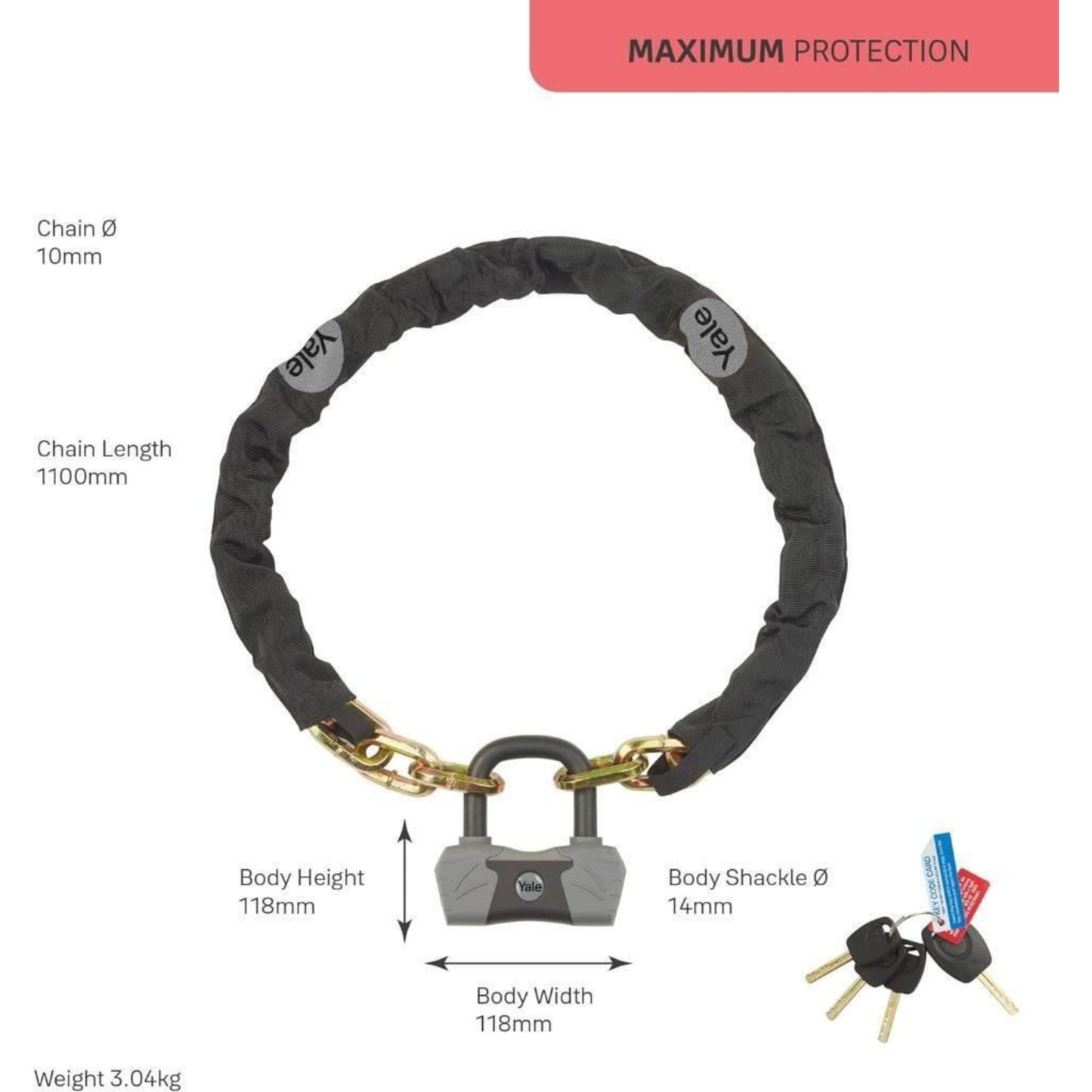 Yale Chain and Lock 1100mm Maximum Security Chain Bike Lock Heavy Duty 4 Keys