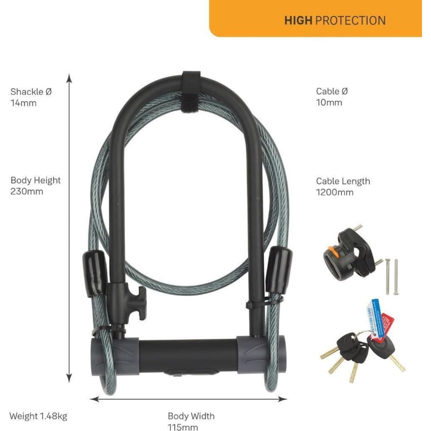 Yale Bike D Lock with Cable 230x115mm High Security 4 Laser Cut Keys Anti Drill