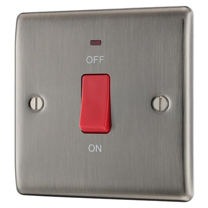 BG Electrical Metal Brushed Iridium 45A Double Pole Cooker Switch with Neon