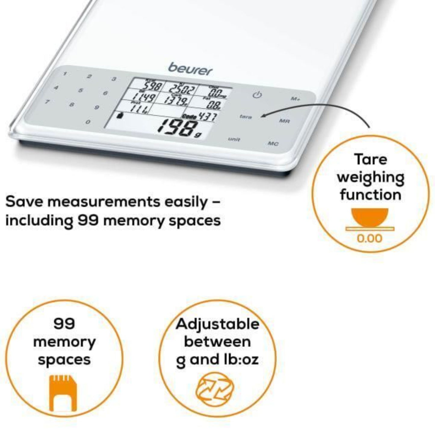 Beurer DS61 Nutritional Analysis Digital Scale 950 Saved Foods up to 5kg White