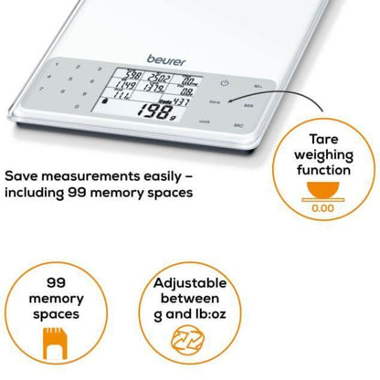 Beurer DS61 Nutritional Analysis Digital Scale 950 Saved Foods up to 5kg White