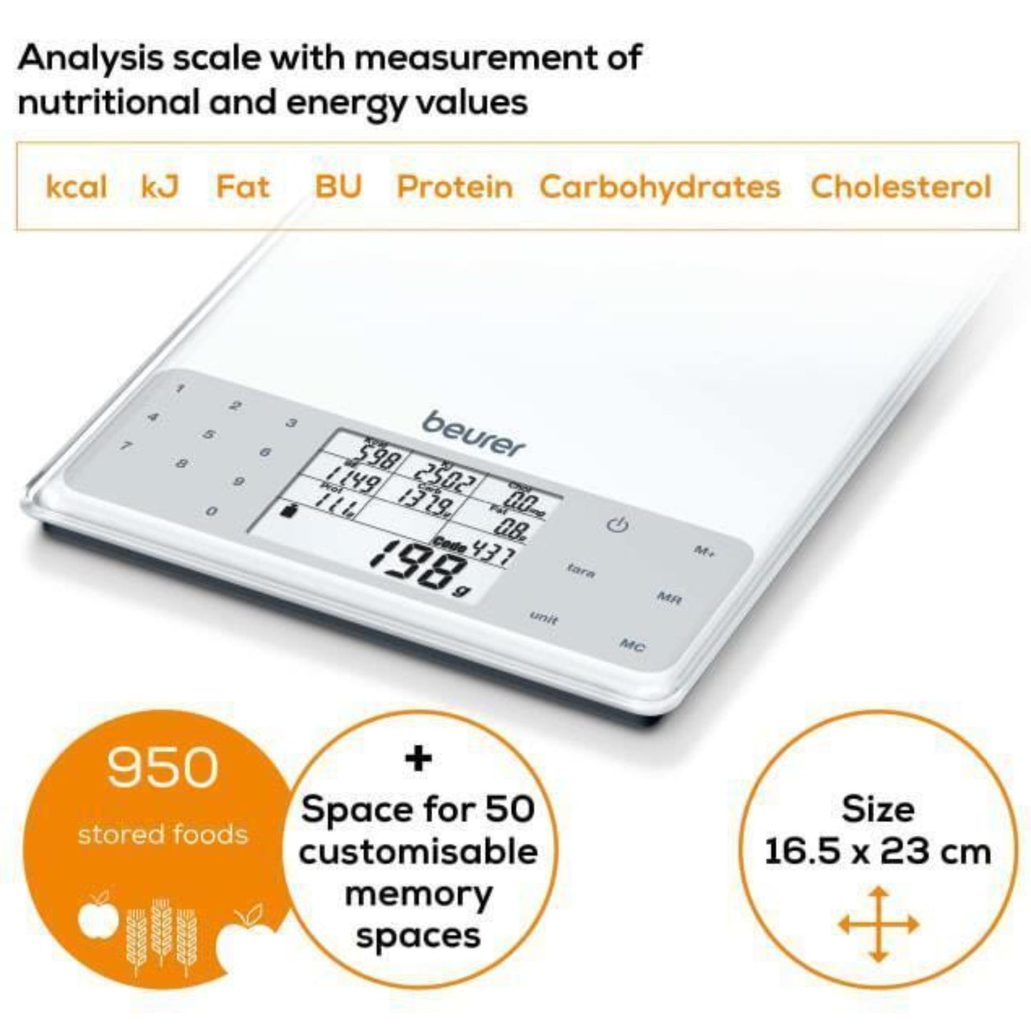 Beurer DS61 Nutritional Analysis Digital Scale 950 Saved Foods up to 5kg White