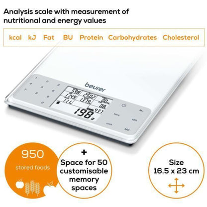 Beurer DS61 Nutritional Analysis Digital Scale 950 Saved Foods up to 5kg White