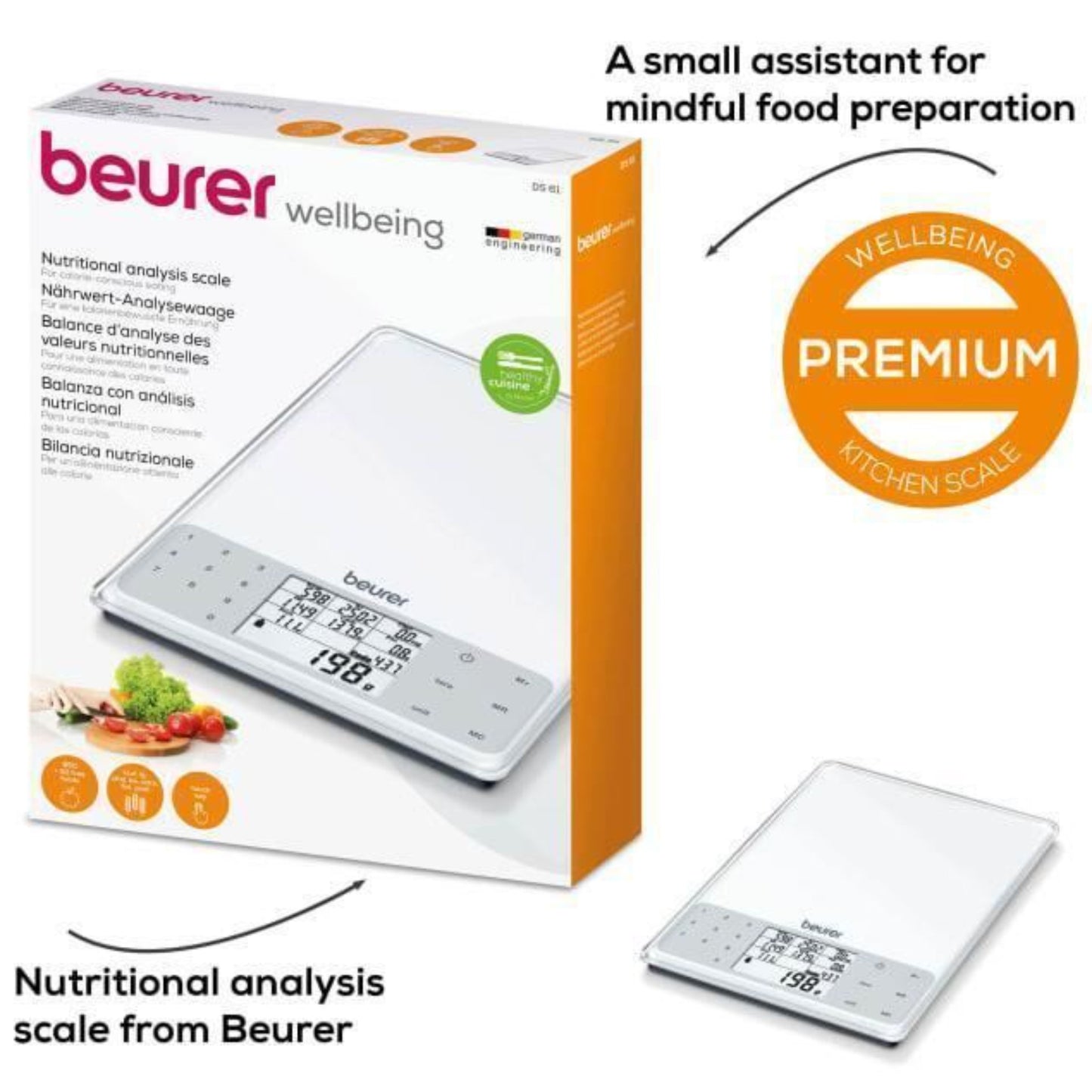 Beurer DS61 Nutritional Analysis Digital Scale 950 Saved Foods up to 5kg White