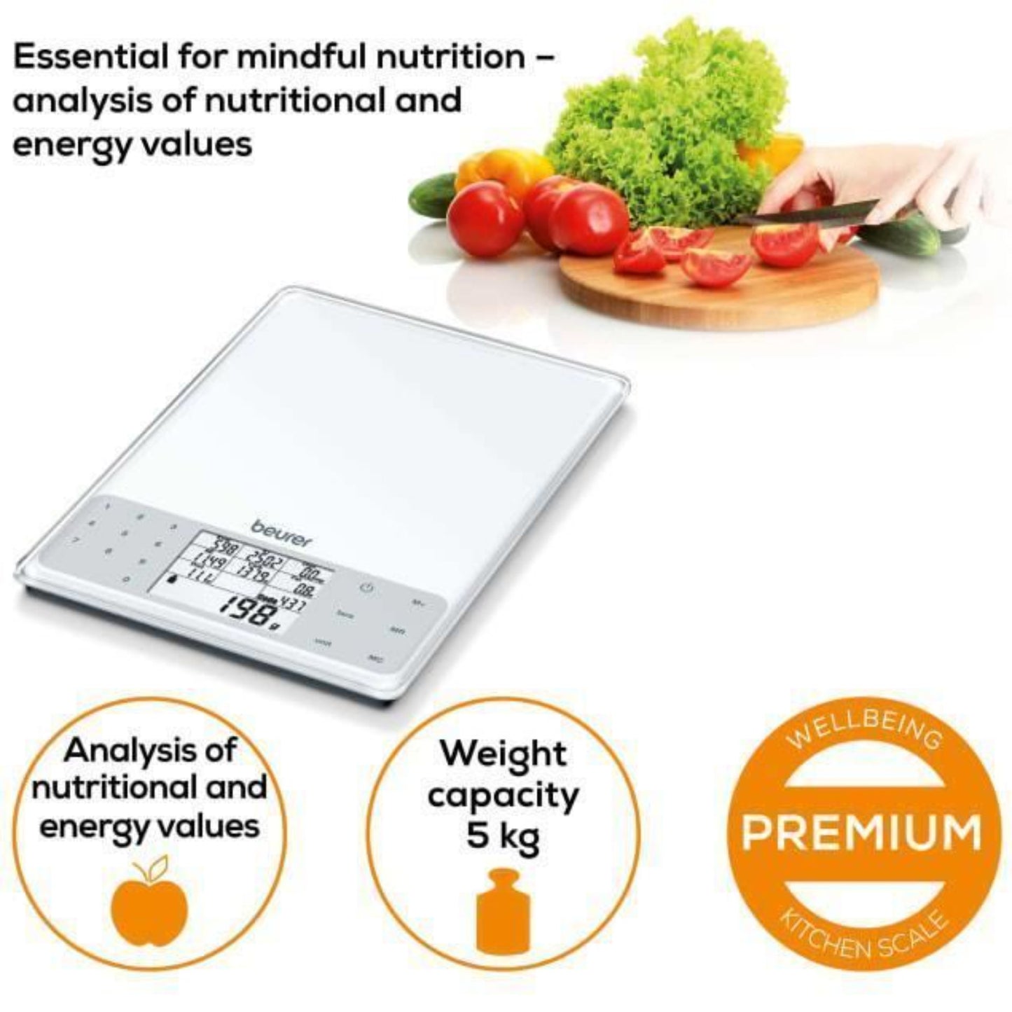 Beurer DS61 Nutritional Analysis Digital Scale 950 Saved Foods up to 5kg White