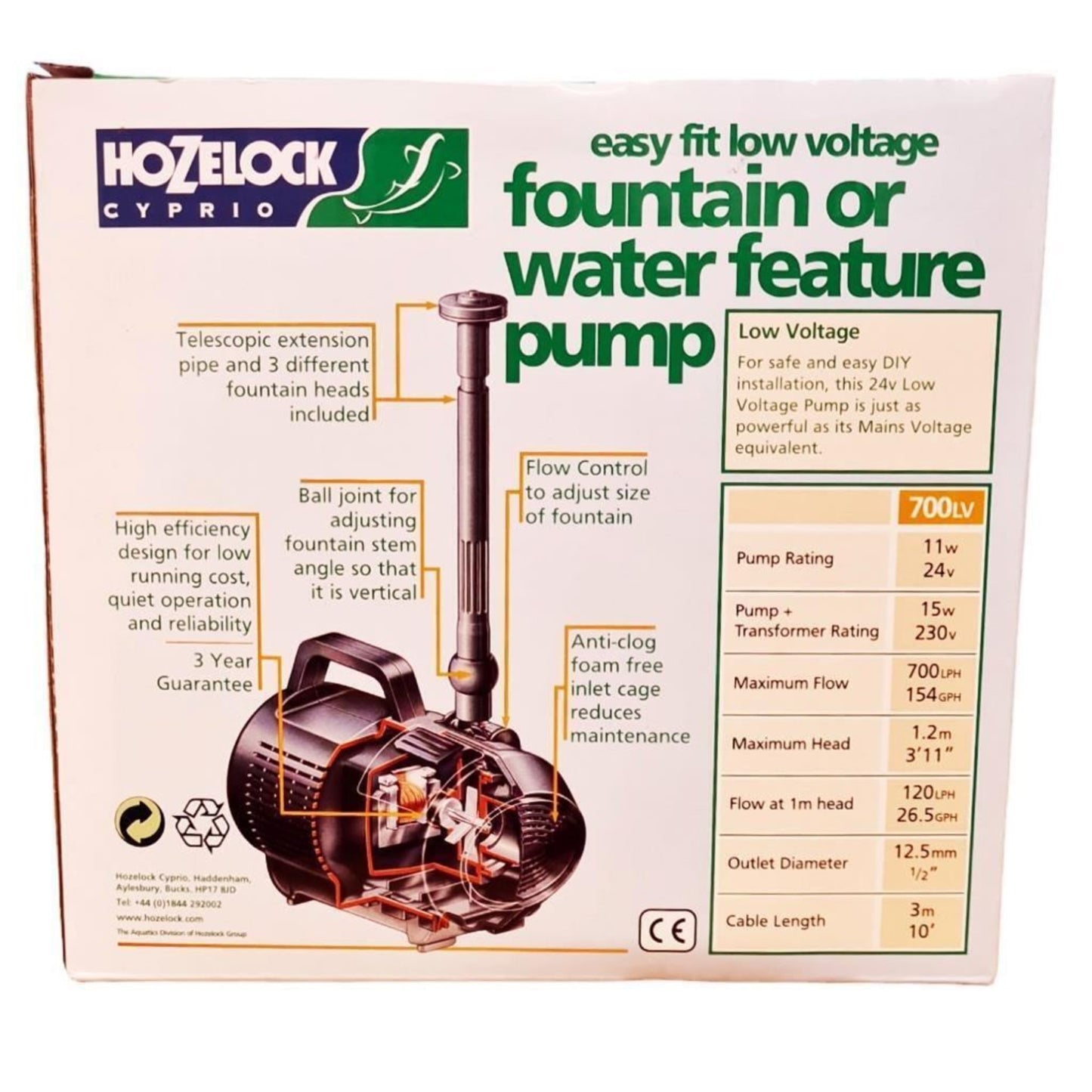 Hozelock 700LPH Cascade Fountain Waterfall and Fountain Pump for Small Pond 3072