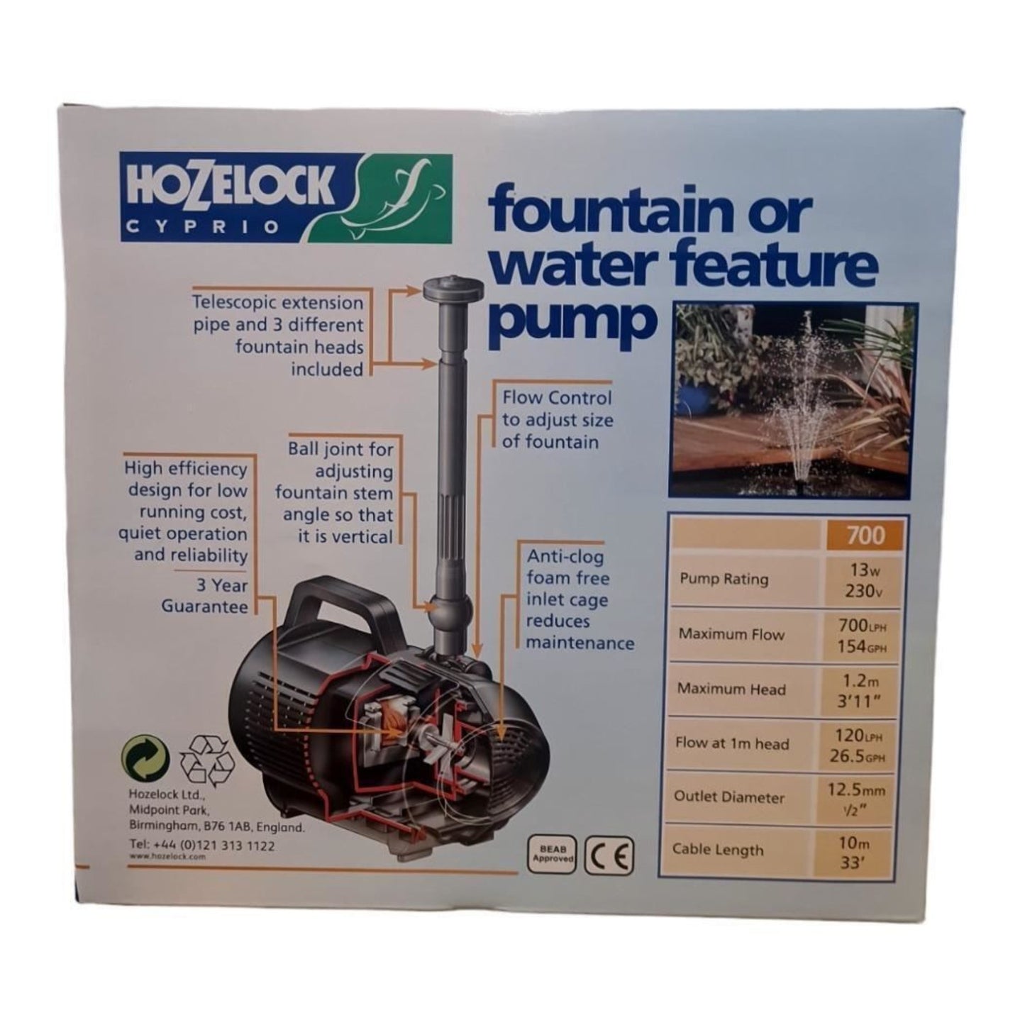 Hozelock 700LPH Cascade Fountain Waterfall and Fountain Pump for Small Pond 3372