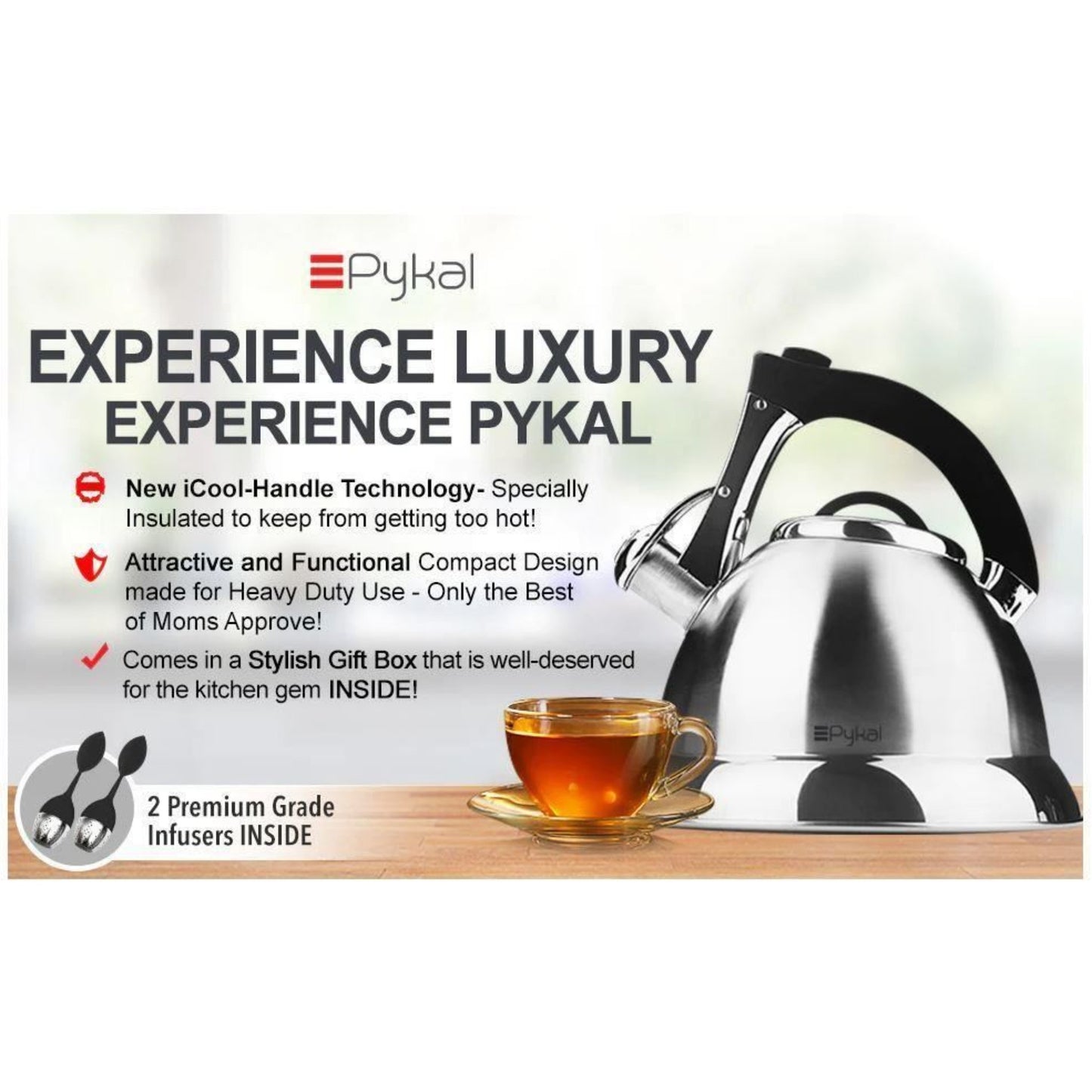 Pykal Whistling Kettle for Gas or Induction Stove Top 3L Stainless Steel iCool Handle