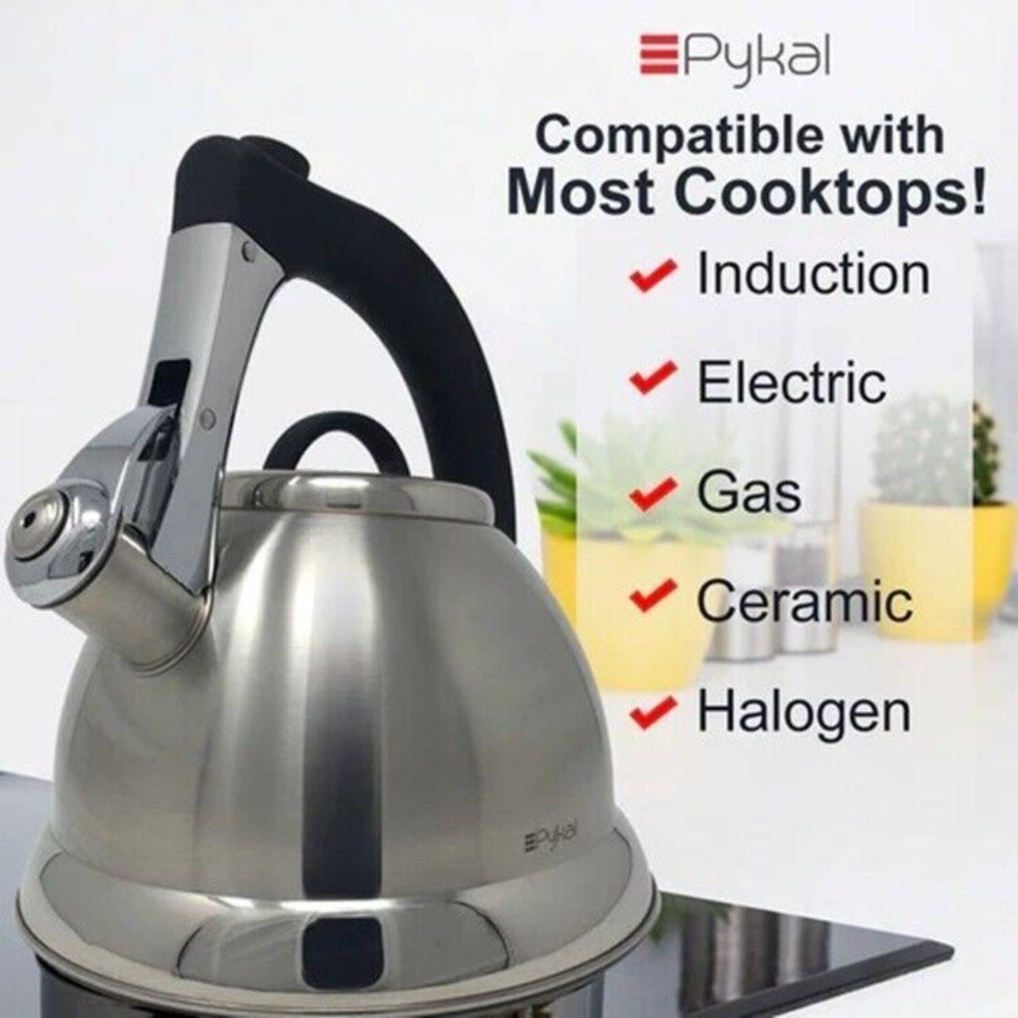 Pykal Whistling Kettle for Gas or Induction Stove Top 3L Stainless Steel iCool Handle