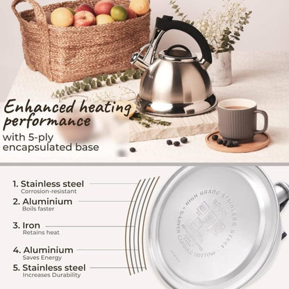 Pykal Whistling Kettle for Gas or Induction Stove Top 3L Stainless Steel iCool Handle