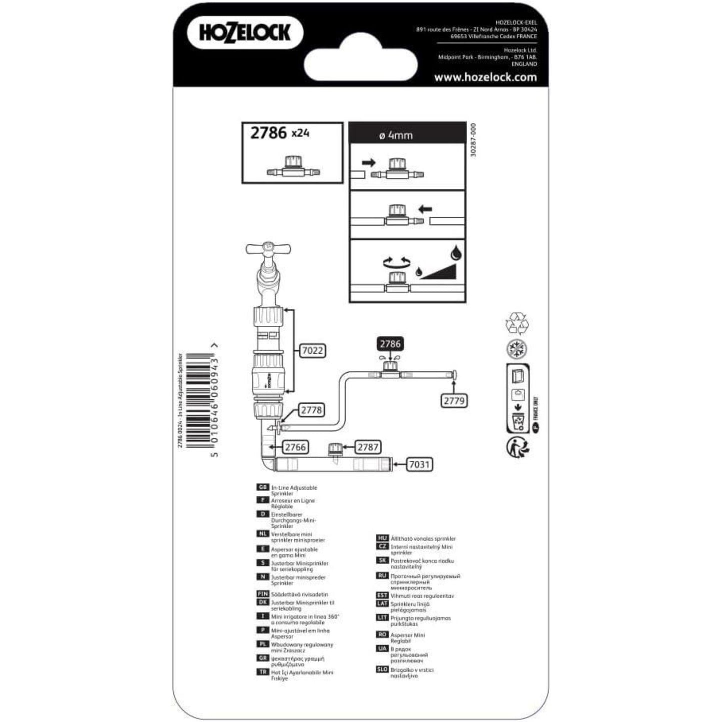 HOZELOCK x24 Micro Sprinkler Adjustable 360 In-Line 4mm Adjustable Flow 0-40 LPH