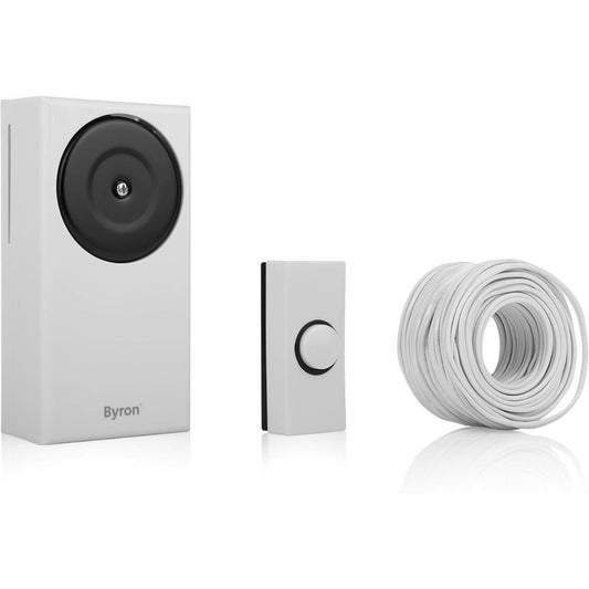 Byron Wired Doorbell Kit Button Chime and 5m Cable 90dB White DBW-24031