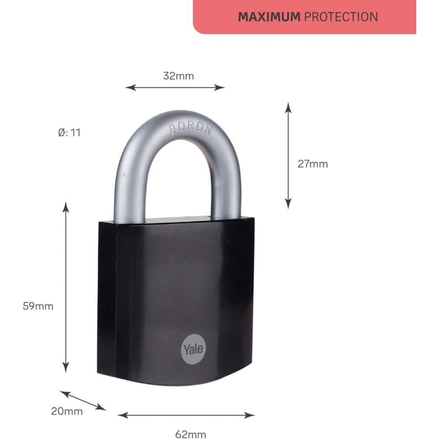 Yale Maximum Security 62mm Hardened Steel Padlock Open Boron Shackle 3 Keys