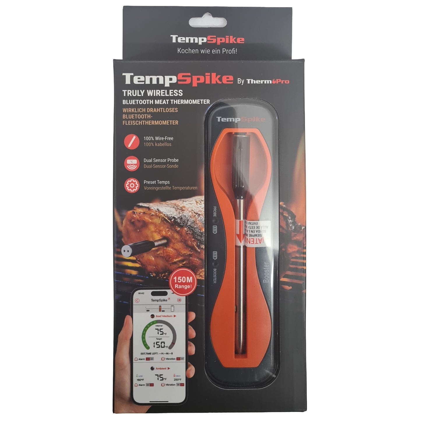 ThermoPro TempSpike Probe Wireless Meat Thermometer Bluetooth Air Fryer Grilling BBQ