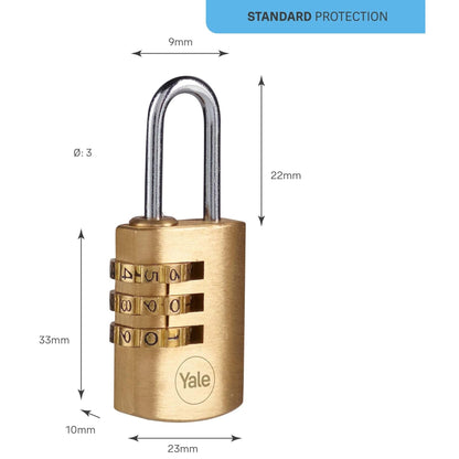 Yale Combination Padlock 22mm Brass Open Steel Shackle 3 dial Combination Lock