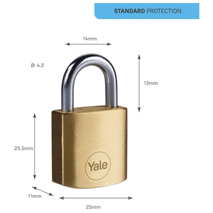 Yale Standard 25mm Brass Padlock x2 Pack Open Steel Shackle 3 keyed Alike Keys