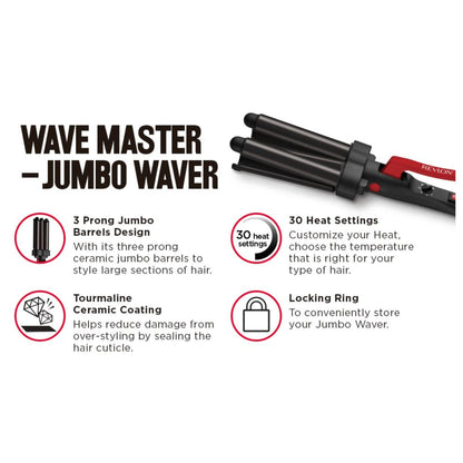 Revlon Wave Master Jumbo Waver Hair Inverter Triple Barrel Hair Waver with Tourmaline Ceramic Coating & 30 Heat Settings