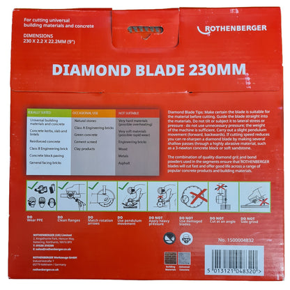 Rothenberger Turbo Diamond Blade 230mm Cutting Disc for Concrete Brick Masonry