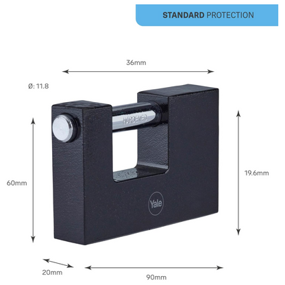 Yale Iron Shutter Padlock Hardened Steel Shackle 90mm Outdoor Black x3 Keys