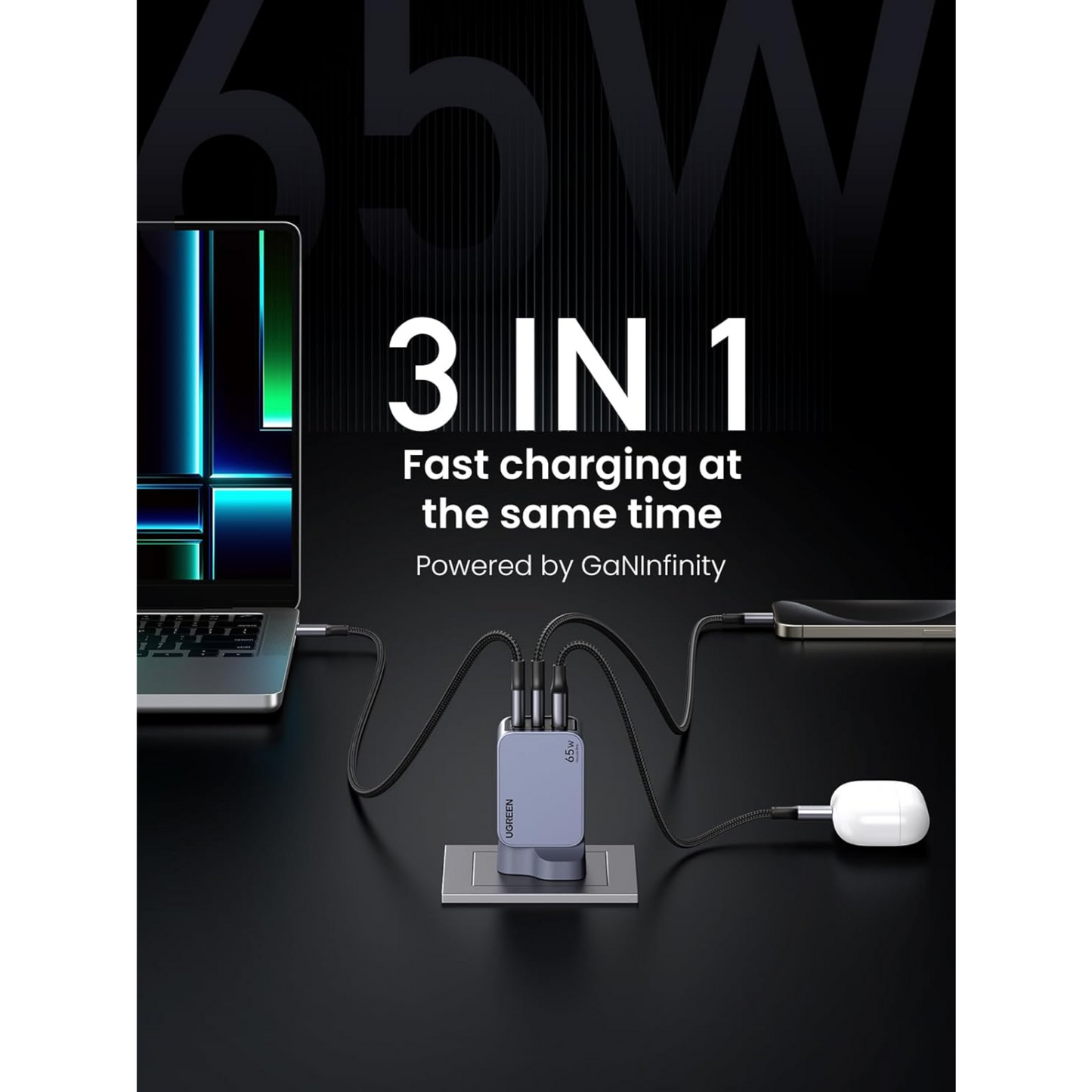 UGREEN 65W USB C Charger Nexode Pro 3-Port Compact Fast Charger UK 3 Pin Plug