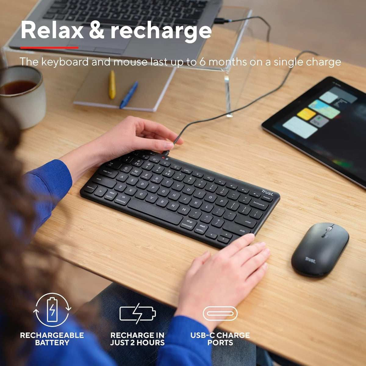 Trust Wireless Bluetooth Keyboard and Mouse QWERTY UK Rechargeable Multi-Device