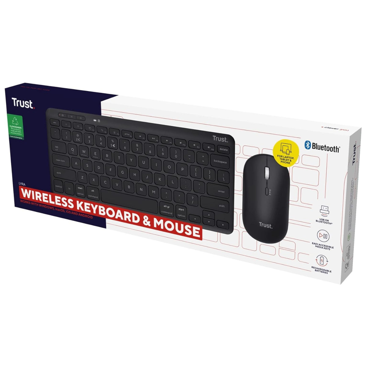 Trust Wireless Bluetooth Keyboard and Mouse QWERTY UK Rechargeable Multi-Device