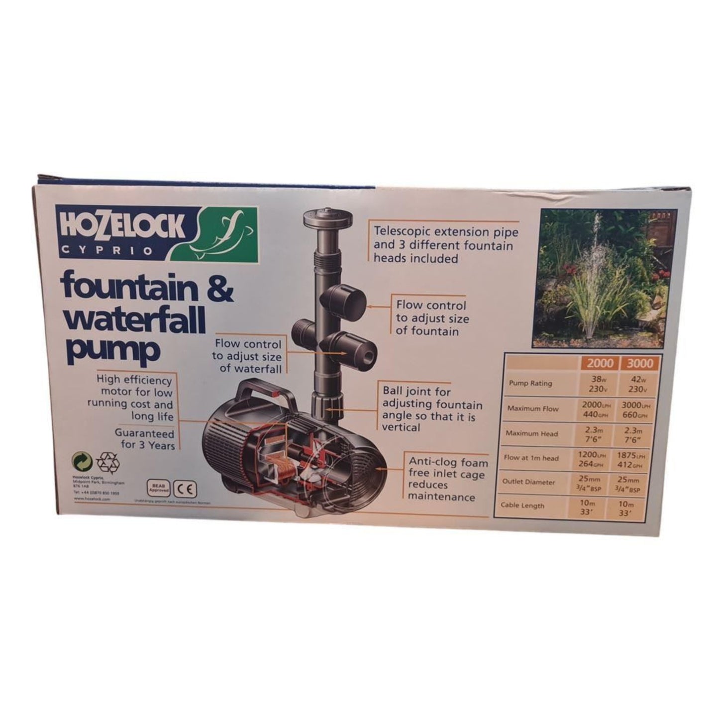 Hozelock 3000 LPH Cascade Fountain Waterfall and Fountain Pump 3380