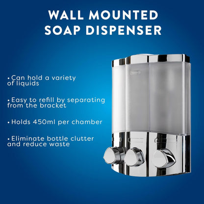 Croydex Trio Soap Dispenser Wall Mounted Shower Gel Shampoo Conditioner