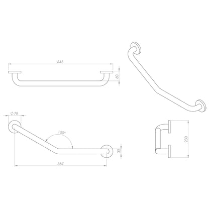 Croydex Metlex Stainless Steel White Mobility Aid Support Rail Angled Grab Bar